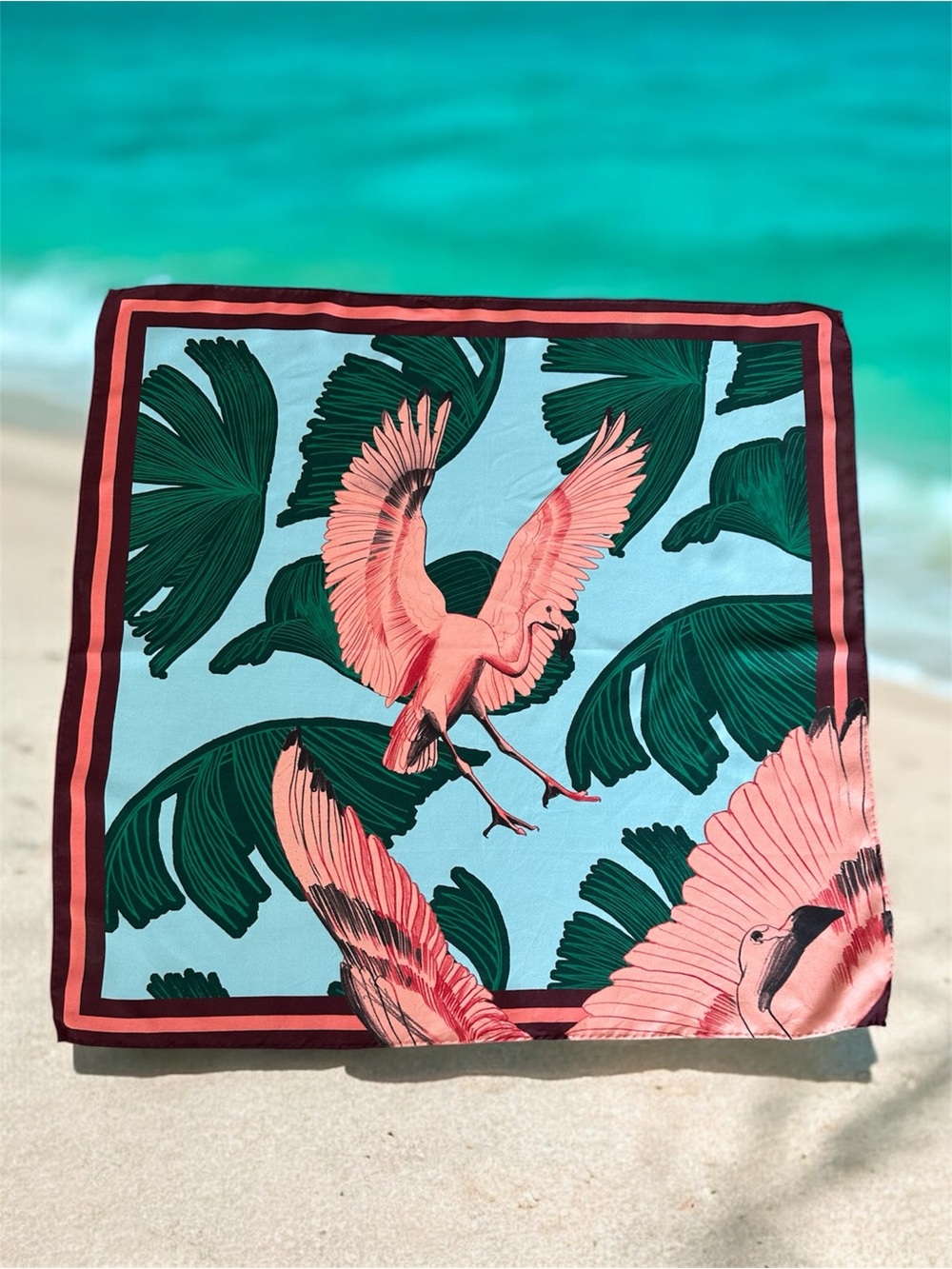 Vibrant Flamingos 100% Silk Hand Rolled Scarf 23” Square Pink Summer